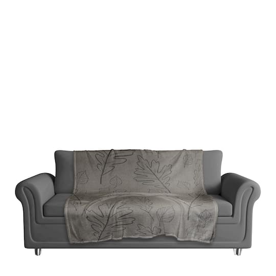 Gray Leaf Patterned Coral Fleece Blanket